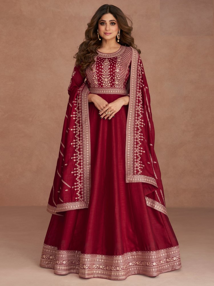 Maroon Premium Silk Embroidered Wedding Party Anarkali Bollywood Style Salwar Kameez