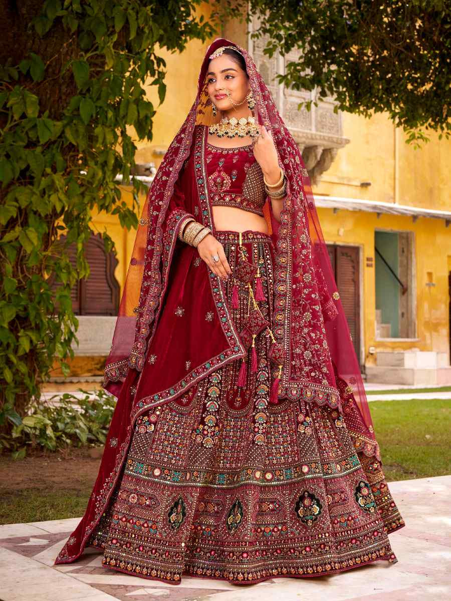 Maroon Premium Velvet Embroidered Bridal Wedding Reception Festival Heavy Border Lehenga Choli