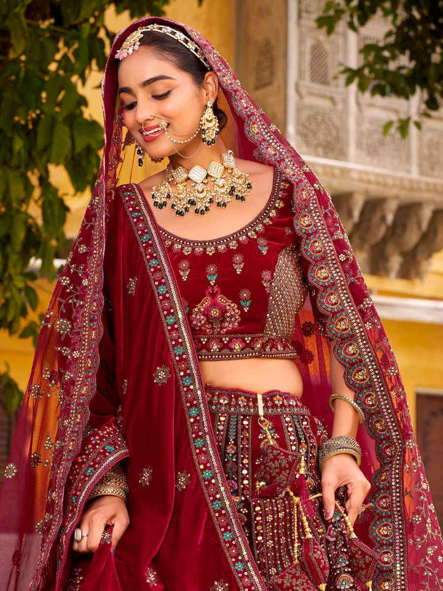 Maroon Premium Velvet Embroidered Bridal Wedding Reception Festival Heavy Border Lehenga Choli