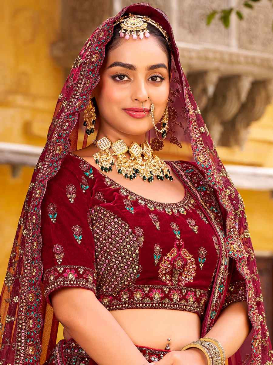 Maroon Premium Velvet Embroidered Bridal Wedding Reception Festival Heavy Border Lehenga Choli