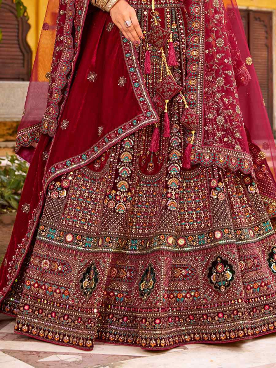Maroon Premium Velvet Embroidered Bridal Wedding Reception Festival Heavy Border Lehenga Choli