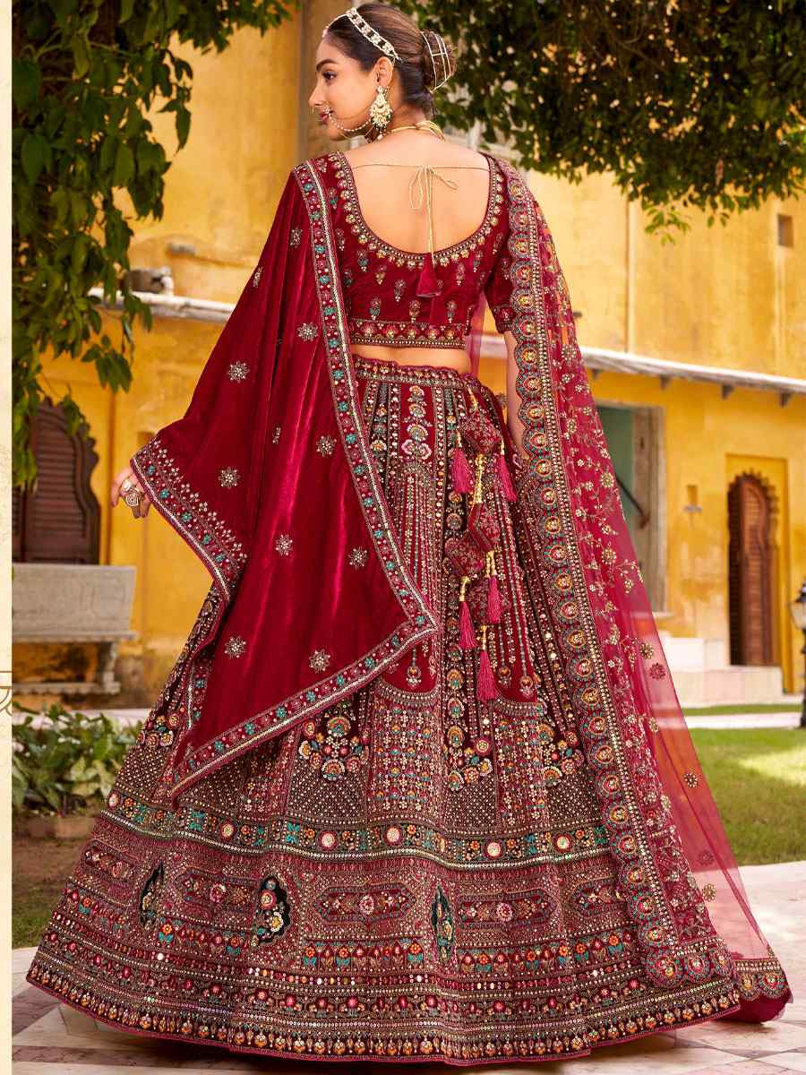 Maroon Premium Velvet Embroidered Bridal Wedding Reception Festival Heavy Border Lehenga Choli