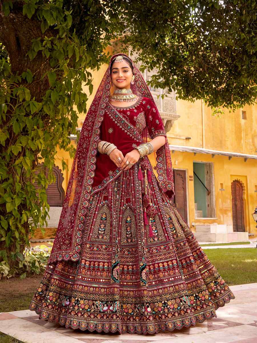 Maroon Premium Velvet Embroidered Bridal Wedding Reception Festival Heavy Border Lehenga Choli