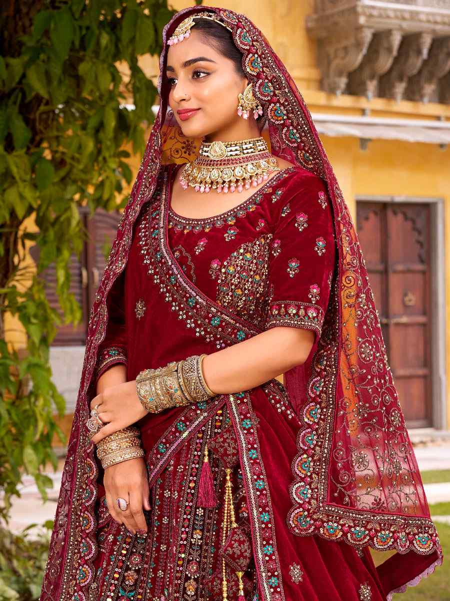 Maroon Premium Velvet Embroidered Bridal Wedding Reception Festival Heavy Border Lehenga Choli