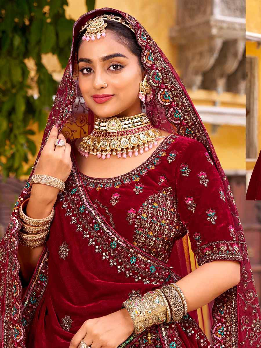 Maroon Premium Velvet Embroidered Bridal Wedding Reception Festival Heavy Border Lehenga Choli