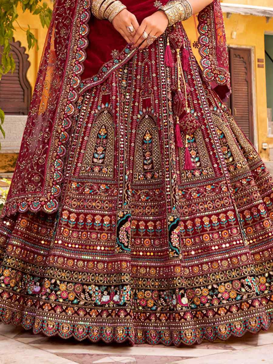 Maroon Premium Velvet Embroidered Bridal Wedding Reception Festival Heavy Border Lehenga Choli
