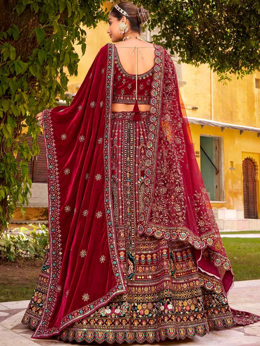Maroon Premium Velvet Embroidered Bridal Wedding Reception Festival Heavy Border Lehenga Choli