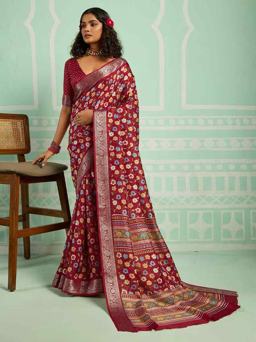 Maroon Printed Handwoven Traditional Bridal Reception Festival Wedding Fancy Classic Style Sarees