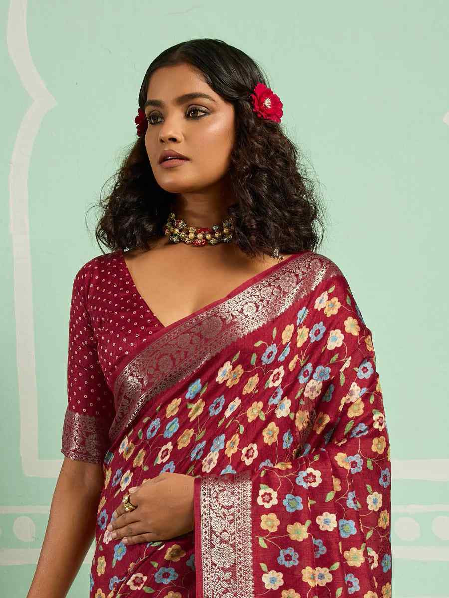 Maroon Printed Handwoven Traditional Bridal Reception Festival Wedding Fancy Classic Style Sarees