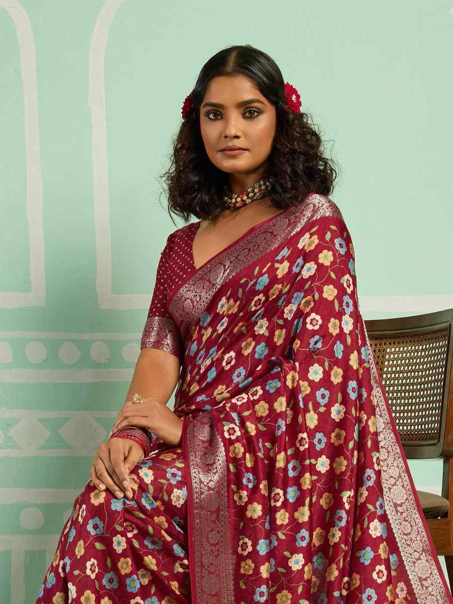 Maroon Printed Handwoven Traditional Bridal Reception Festival Wedding Fancy Classic Style Sarees