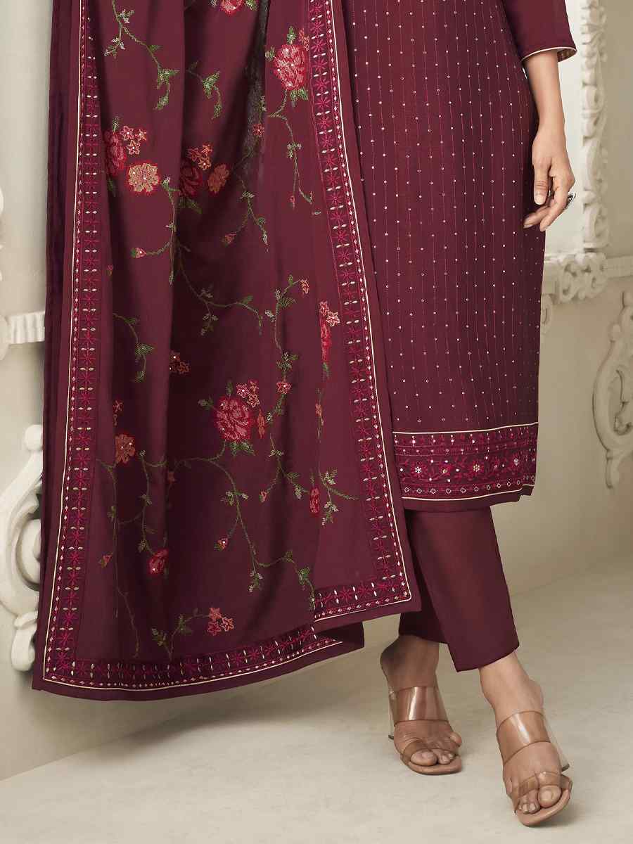 Maroon Pure Chinon Handwoven Casual Festival Pant Salwar Kameez