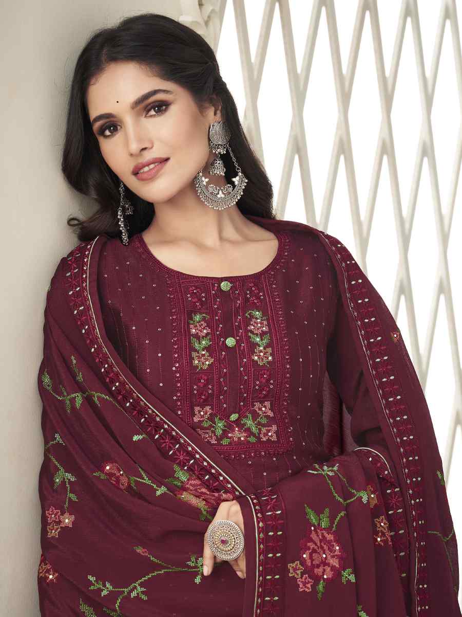 Maroon Pure Chinon Handwoven Casual Festival Pant Salwar Kameez