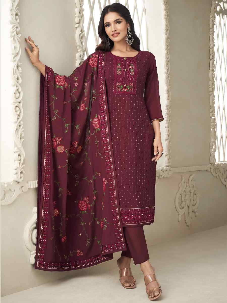 Maroon Pure Chinon Handwoven Casual Festival Pant Salwar Kameez