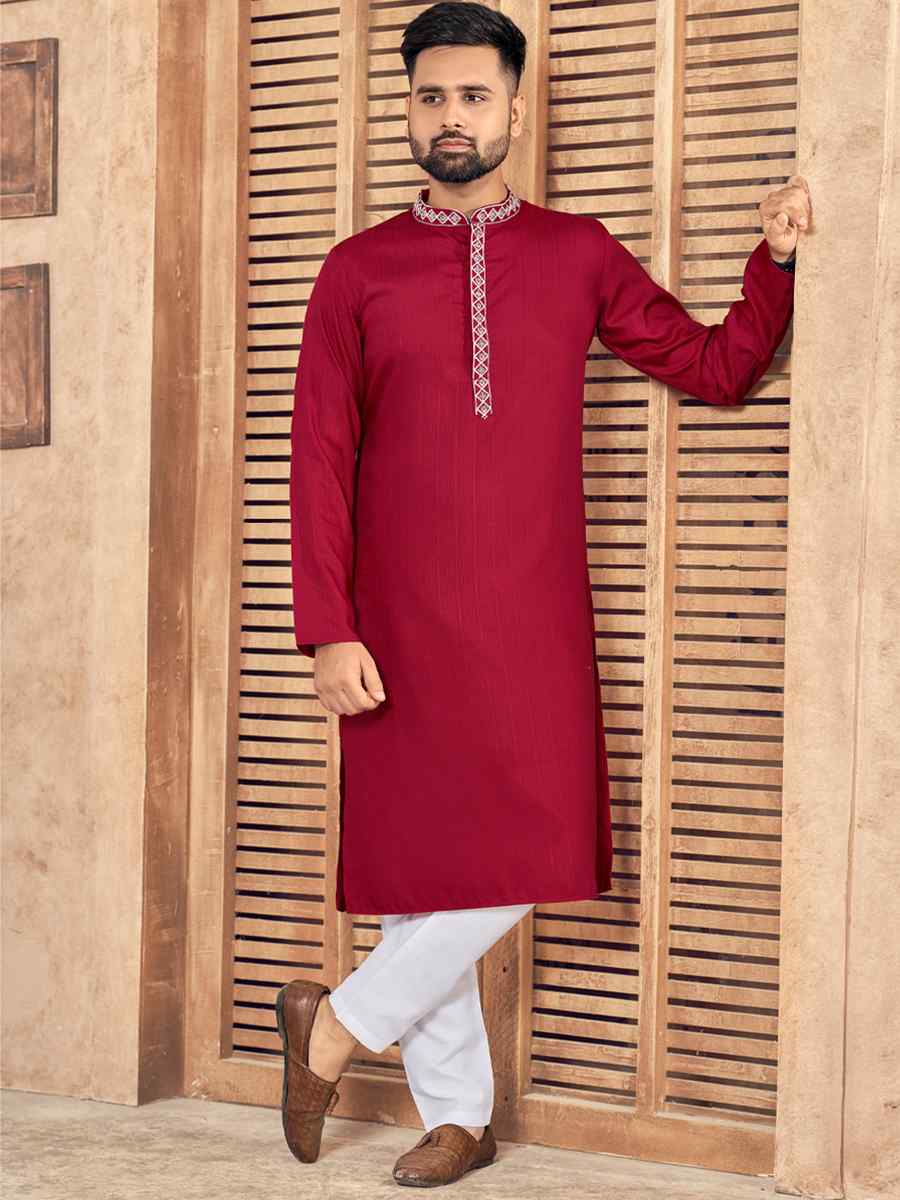 Maroon Pure Cotton Embroidered Festival Kurta