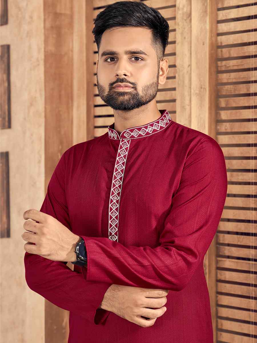 Maroon Pure Cotton Embroidered Festival Kurta