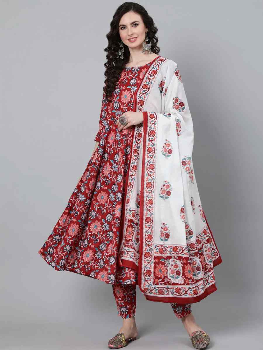 Maroon Pure Cotton Printed Festival Party Pant Salwar Kameez