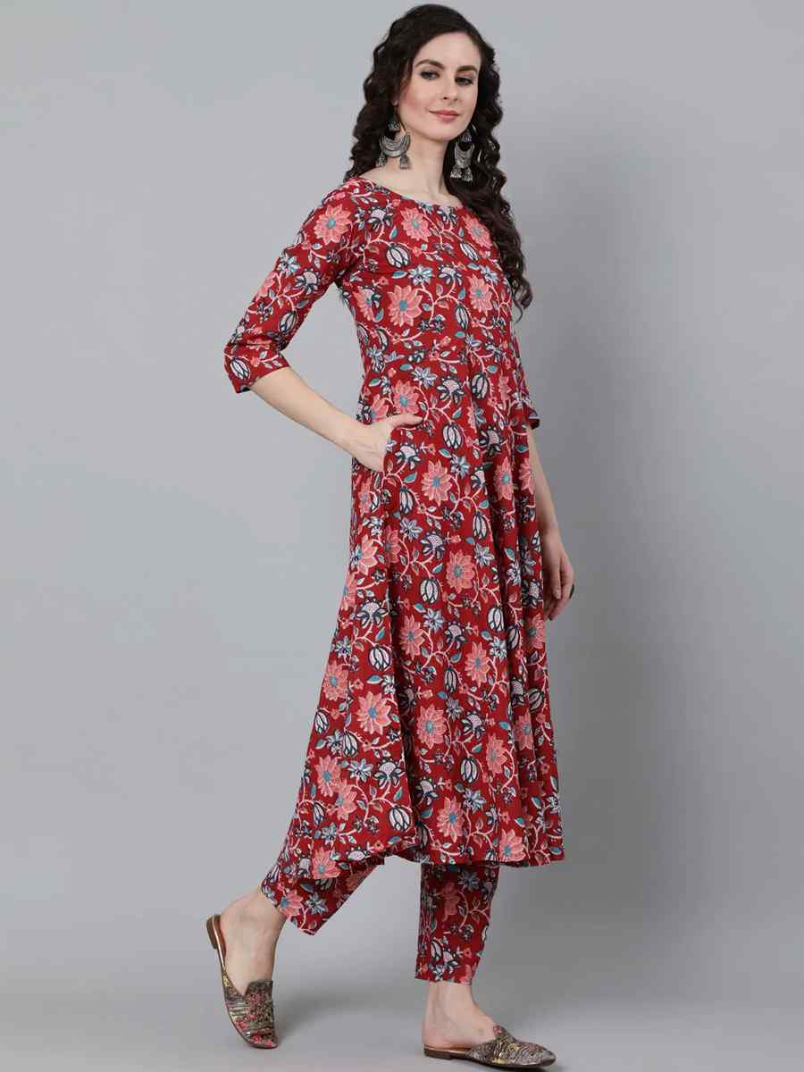 Maroon Pure Cotton Printed Festival Party Pant Salwar Kameez