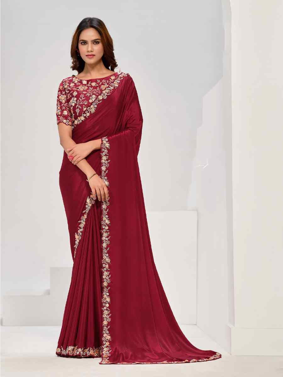 Maroon Pure Crepe Georgette Embroidered Festival Wedding Fancy Heavy Border Saree