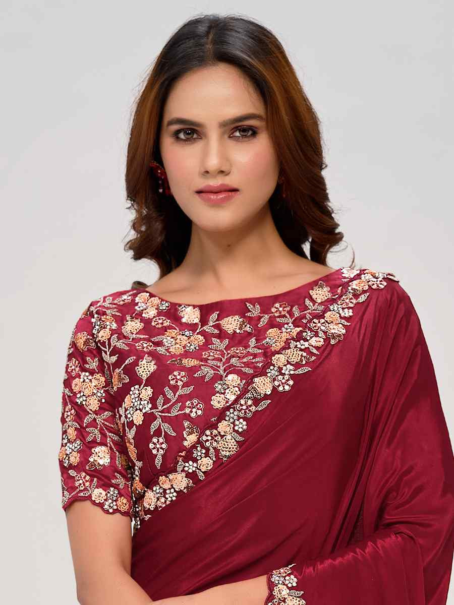 Maroon Pure Crepe Georgette Embroidered Festival Wedding Fancy Heavy Border Saree