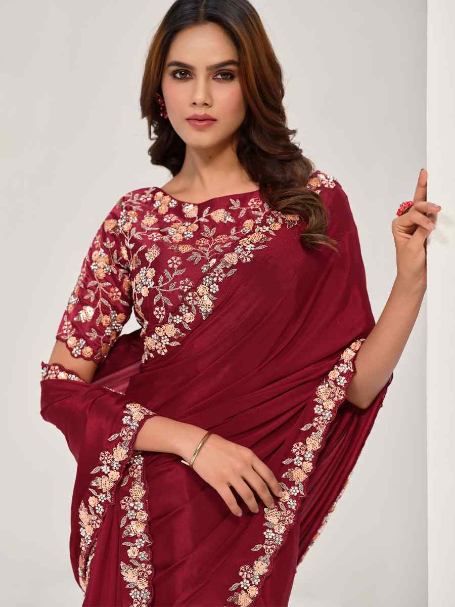 Maroon Pure Crepe Georgette Embroidered Festival Wedding Fancy Heavy Border Saree