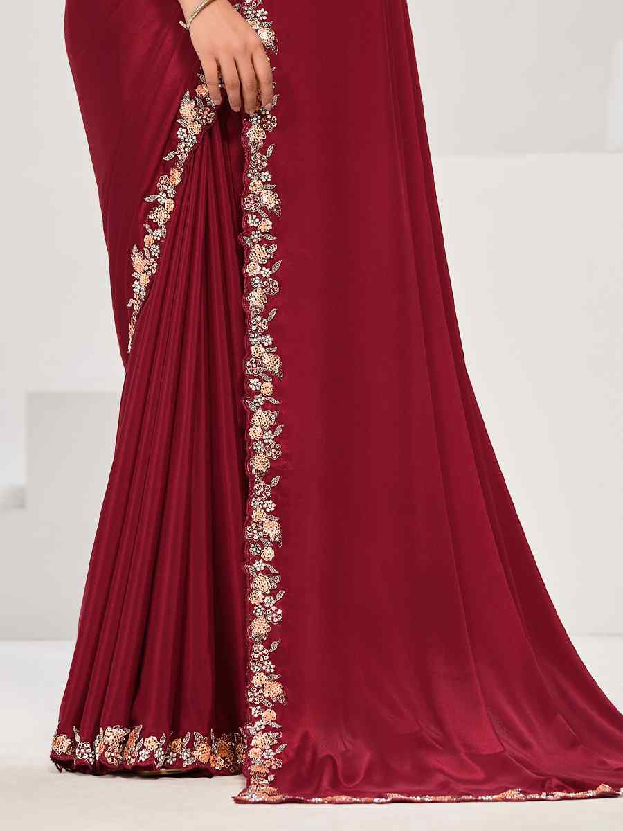 Maroon Pure Crepe Georgette Embroidered Festival Wedding Fancy Heavy Border Saree