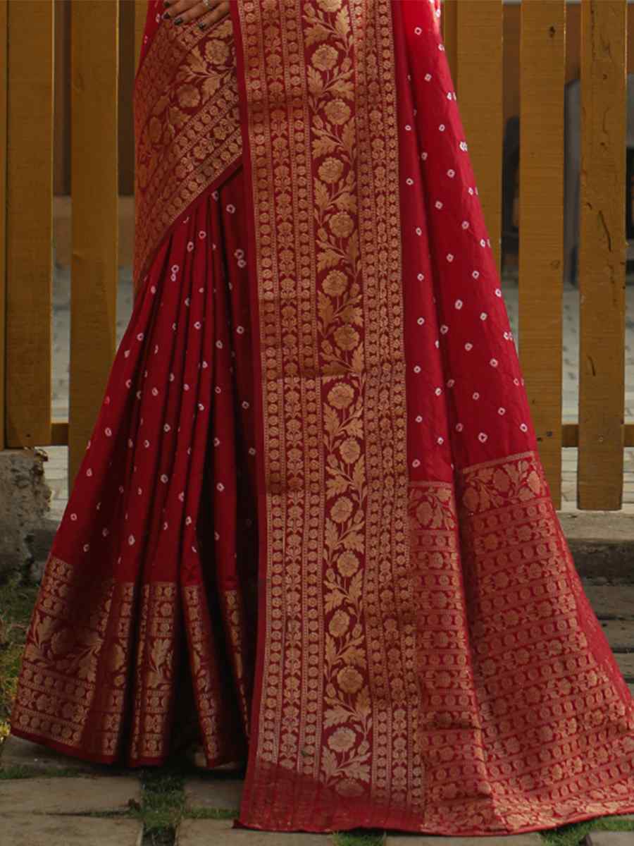 Maroon Pure Dola Bandhej Silk Handwoven Festival Wedding Heavy Border Saree