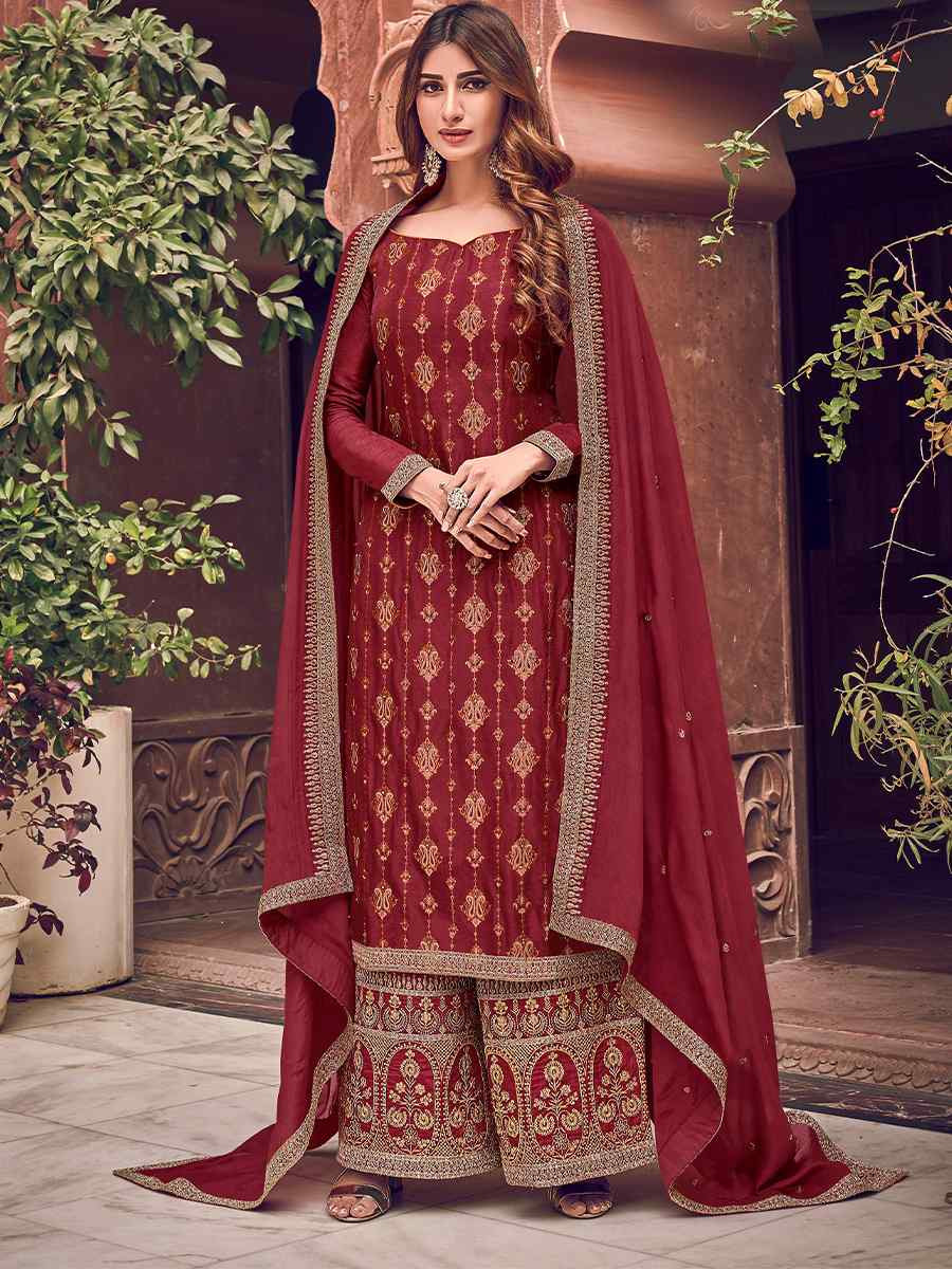 Maroon Pure Dola Embroidered Festival Wedding Palazzo Pant Salwar Kameez