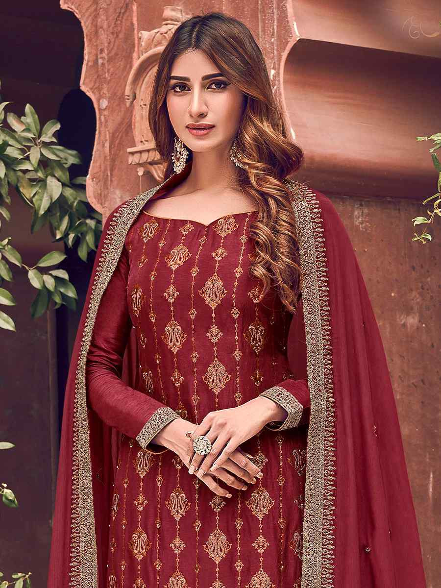 Maroon Pure Dola Embroidered Festival Wedding Palazzo Pant Salwar Kameez