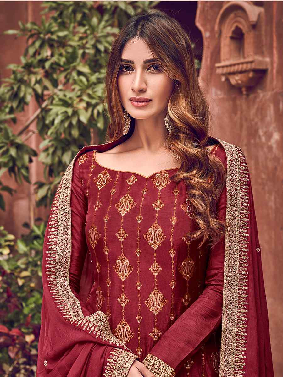 Maroon Pure Dola Embroidered Festival Wedding Palazzo Pant Salwar Kameez