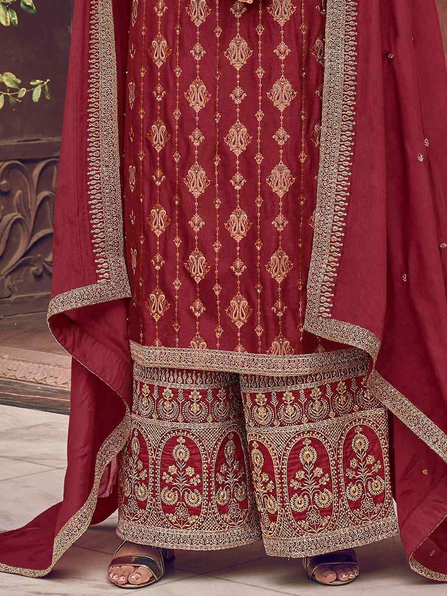 Maroon Pure Dola Embroidered Festival Wedding Palazzo Pant Salwar Kameez