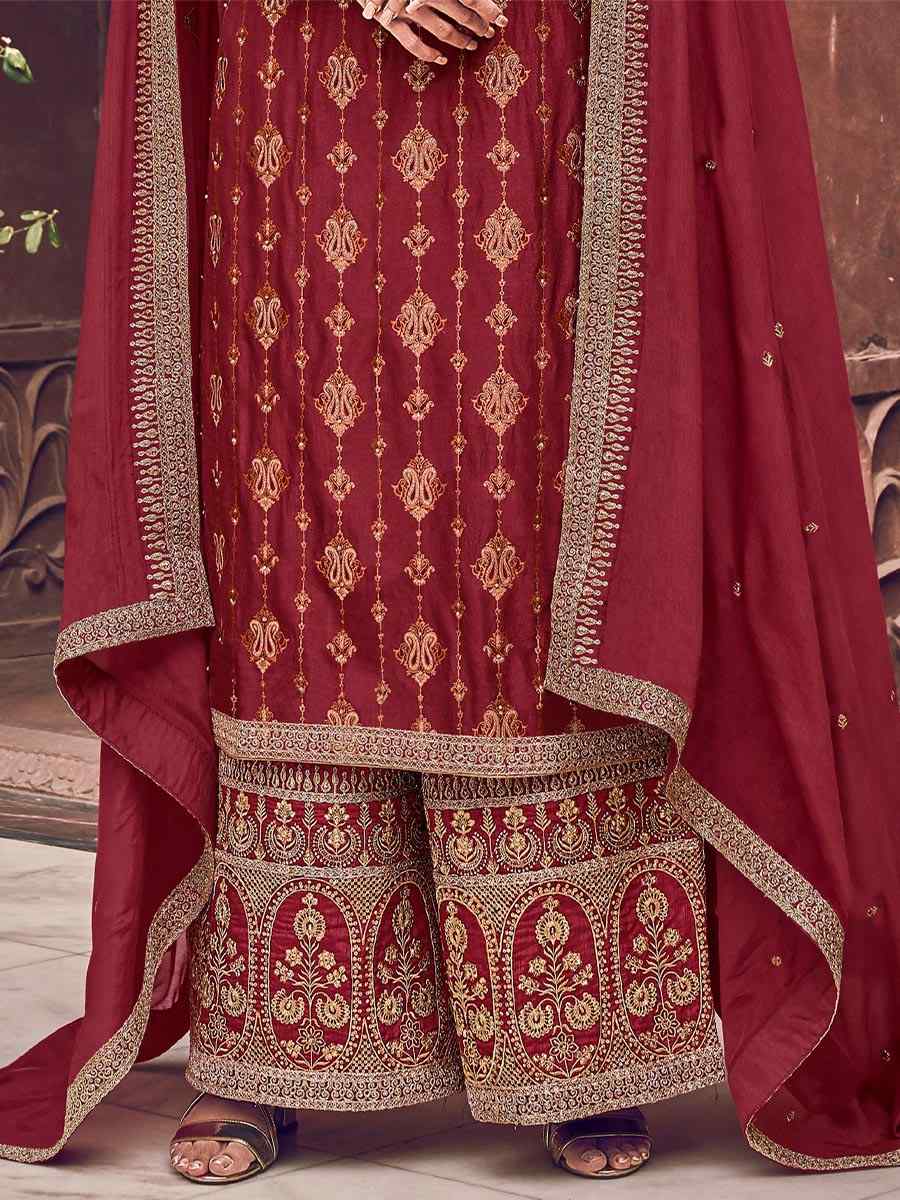 Maroon Pure Dola Jacquard Embroidered Festival Wedding Palazzo Pant Salwar Kameez