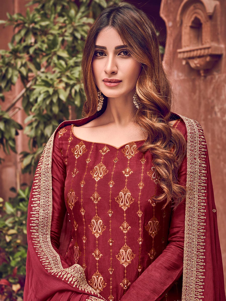 Maroon Pure Dola Jacquard Embroidered Wedding Festival Palazzo Pant Salwar Kameez