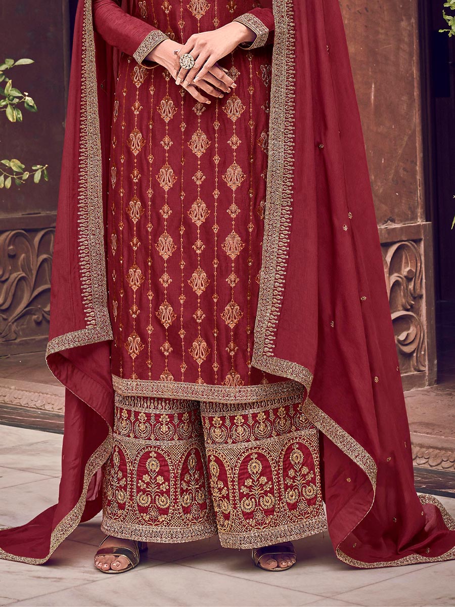 Maroon Pure Dola Jacquard Embroidered Wedding Festival Palazzo Pant Salwar Kameez