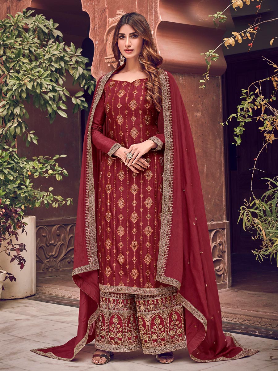 Maroon Pure Dola Jacquard Embroidered Wedding Festival Palazzo Pant Salwar Kameez