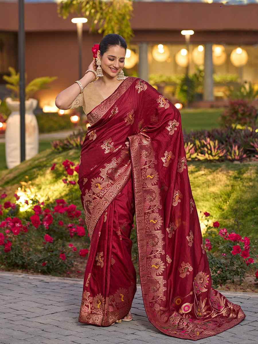 Maroon Pure Dola Silk Handwoven Festival Wedding Fancy Heavy Border Saree