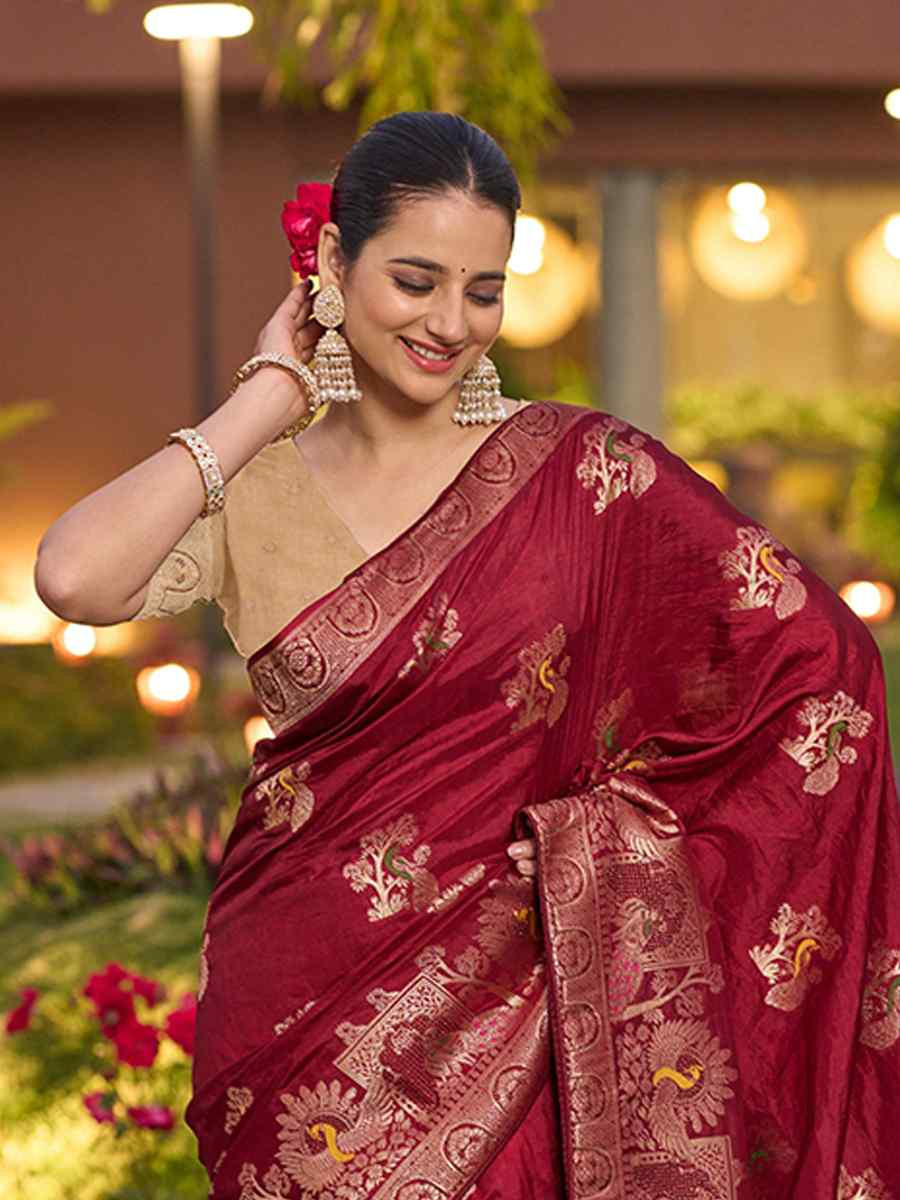 Maroon Pure Dola Silk Handwoven Festival Wedding Fancy Heavy Border Saree