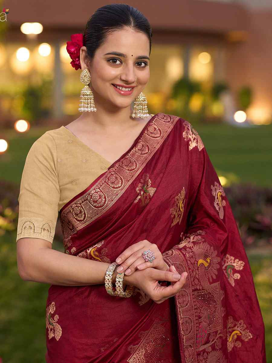 Maroon Pure Dola Silk Handwoven Festival Wedding Fancy Heavy Border Saree