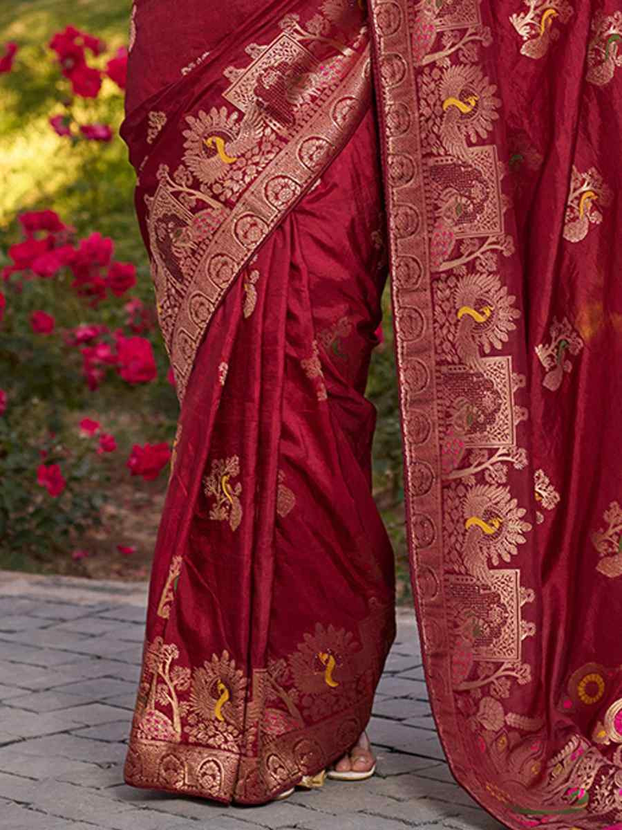 Maroon Pure Dola Silk Handwoven Festival Wedding Fancy Heavy Border Saree