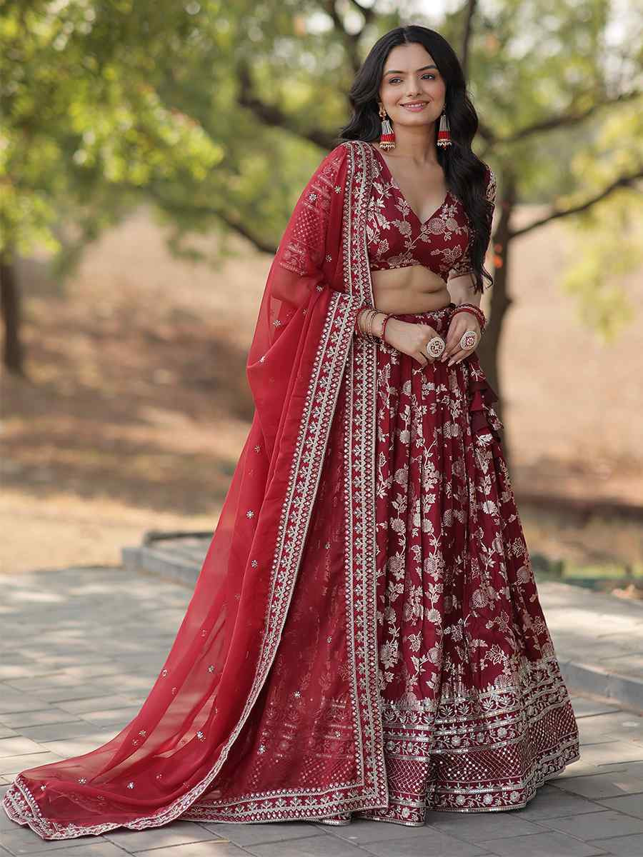 Maroon Pure Dyable Viscose Embroidery Reception Party Wear Heavy Border Lehenga Choli
