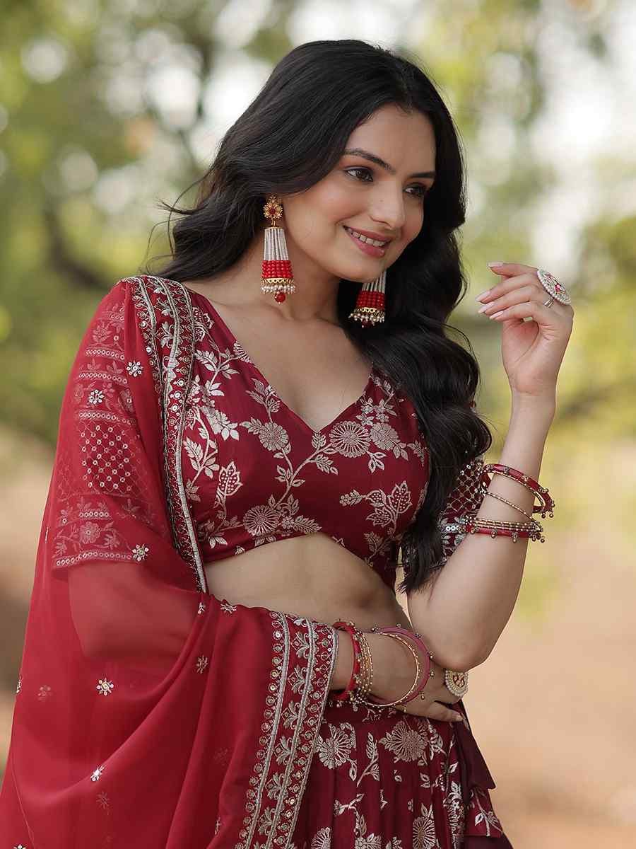 Maroon Pure Dyable Viscose Embroidery Reception Party Wear Heavy Border Lehenga Choli