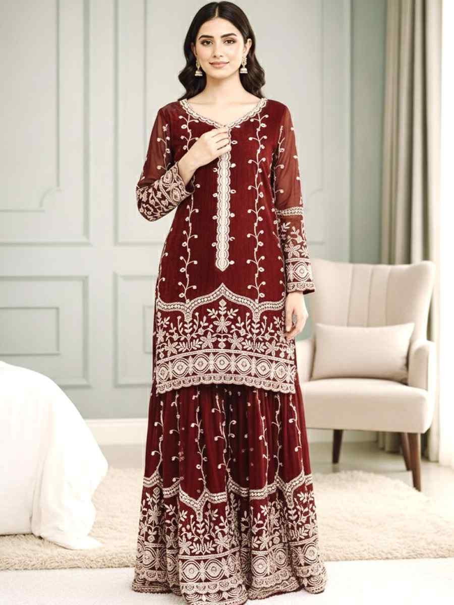 Maroon Pure Fendy Silk Embroidery Party Wedding Festival Casual Ready Sharara Pant Salwar Kameez