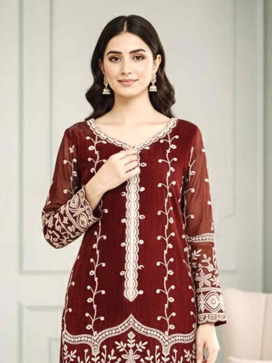 Maroon Pure Fendy Silk Embroidery Party Wedding Festival Casual Ready Sharara Pant Salwar Kameez