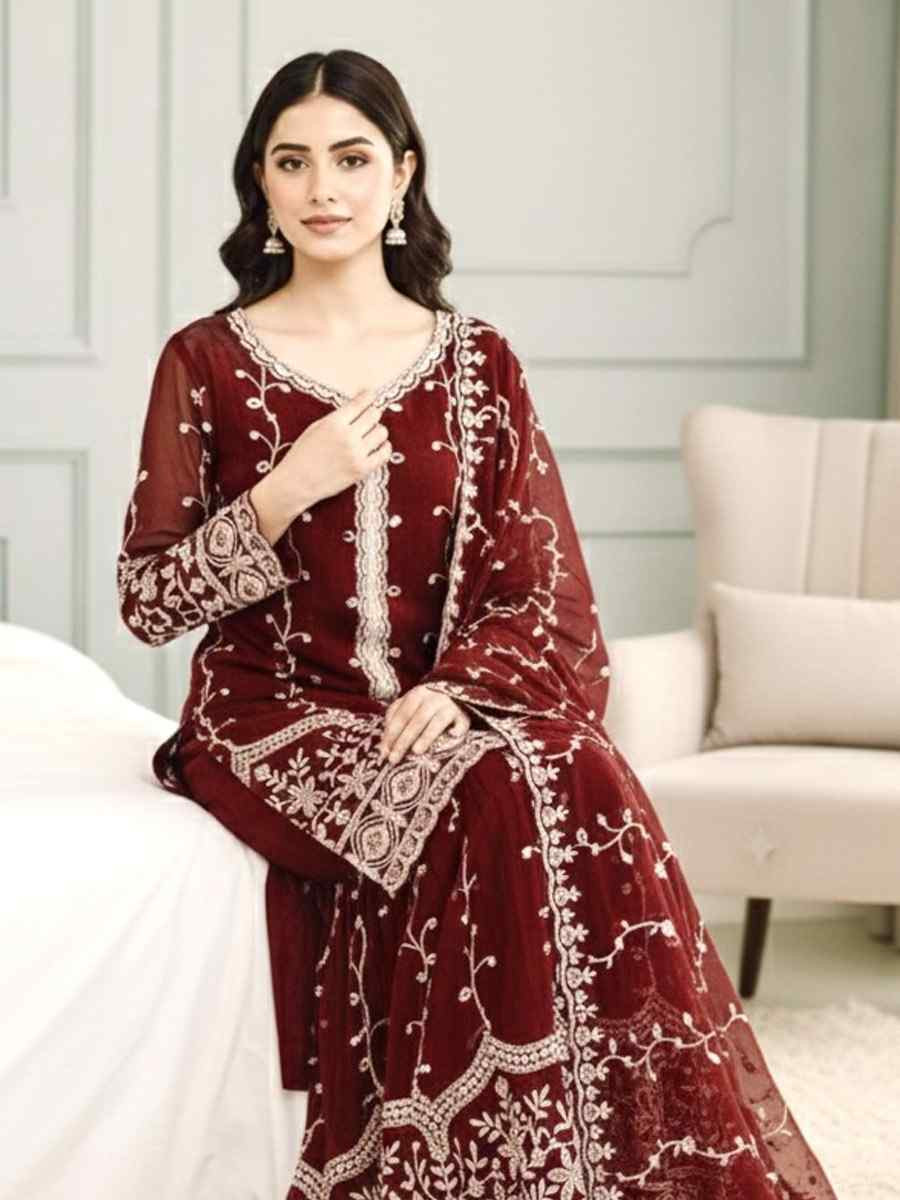 Maroon Pure Fendy Silk Embroidery Party Wedding Festival Casual Ready Sharara Pant Salwar Kameez