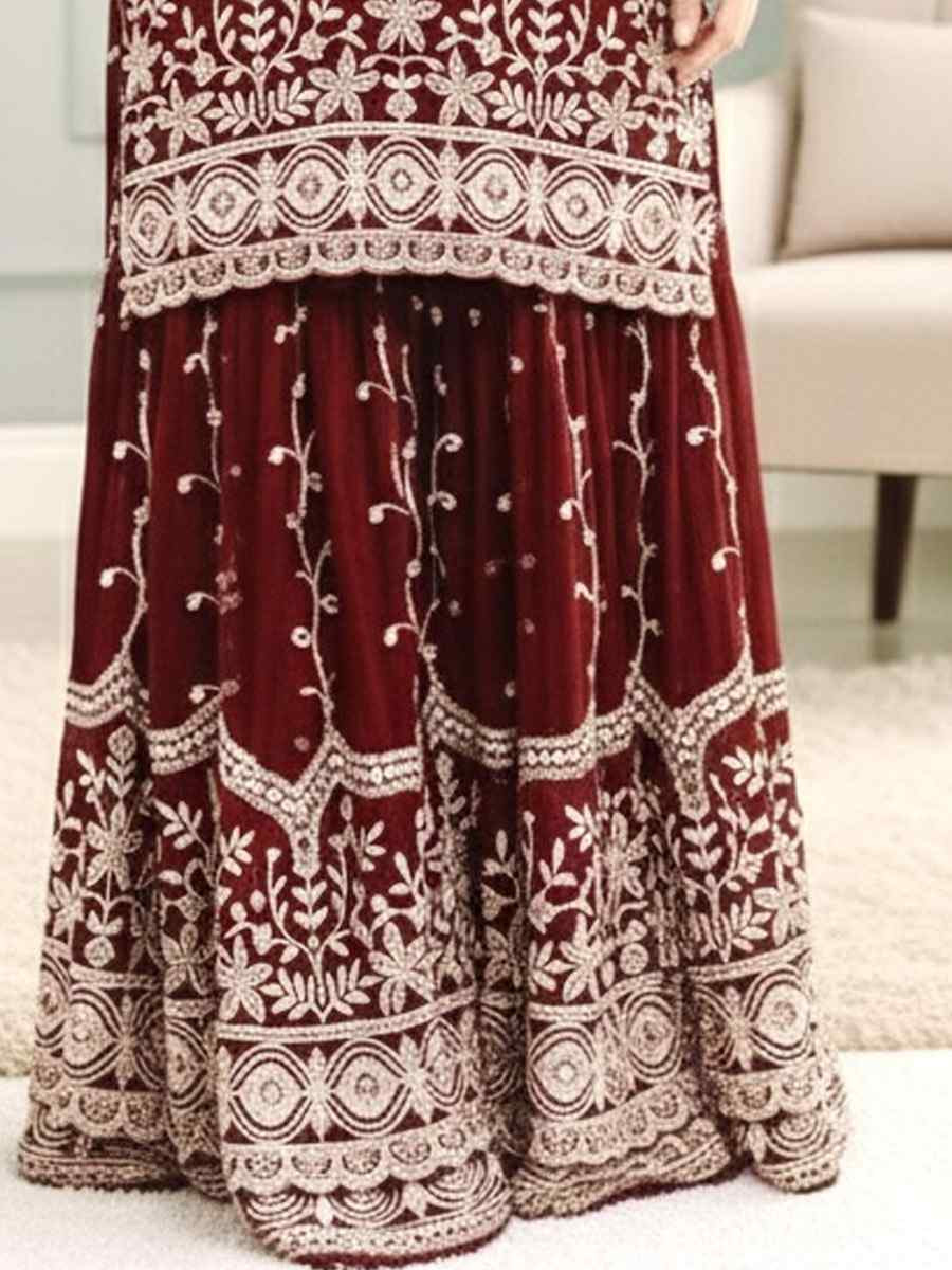 Maroon Pure Fendy Silk Embroidery Party Wedding Festival Casual Ready Sharara Pant Salwar Kameez