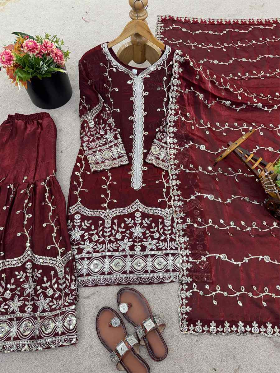 Maroon Pure Fendy Silk Embroidery Party Wedding Festival Casual Ready Sharara Pant Salwar Kameez