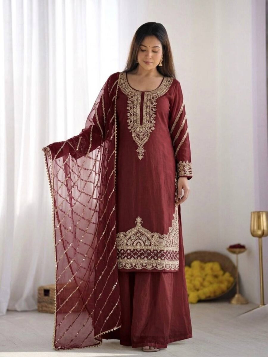 Maroon Pure Fendy Silk Embroidery Sequins Zari Wedding Party Festival Casual Ready Palazzo Pant Salwar Kameez