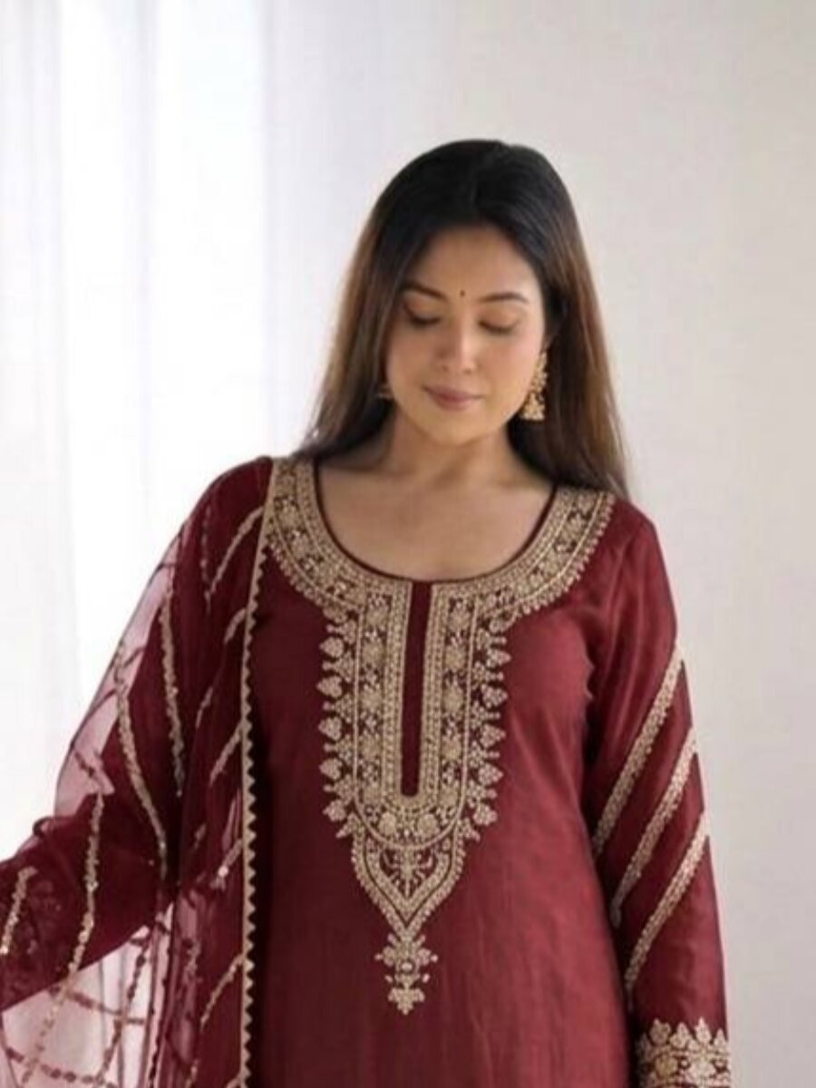 Maroon Pure Fendy Silk Embroidery Sequins Zari Wedding Party Festival Casual Ready Palazzo Pant Salwar Kameez