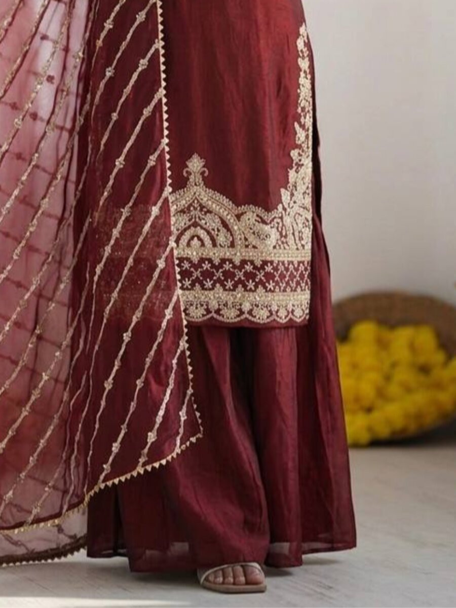 Maroon Pure Fendy Silk Embroidery Sequins Zari Wedding Party Festival Casual Ready Palazzo Pant Salwar Kameez
