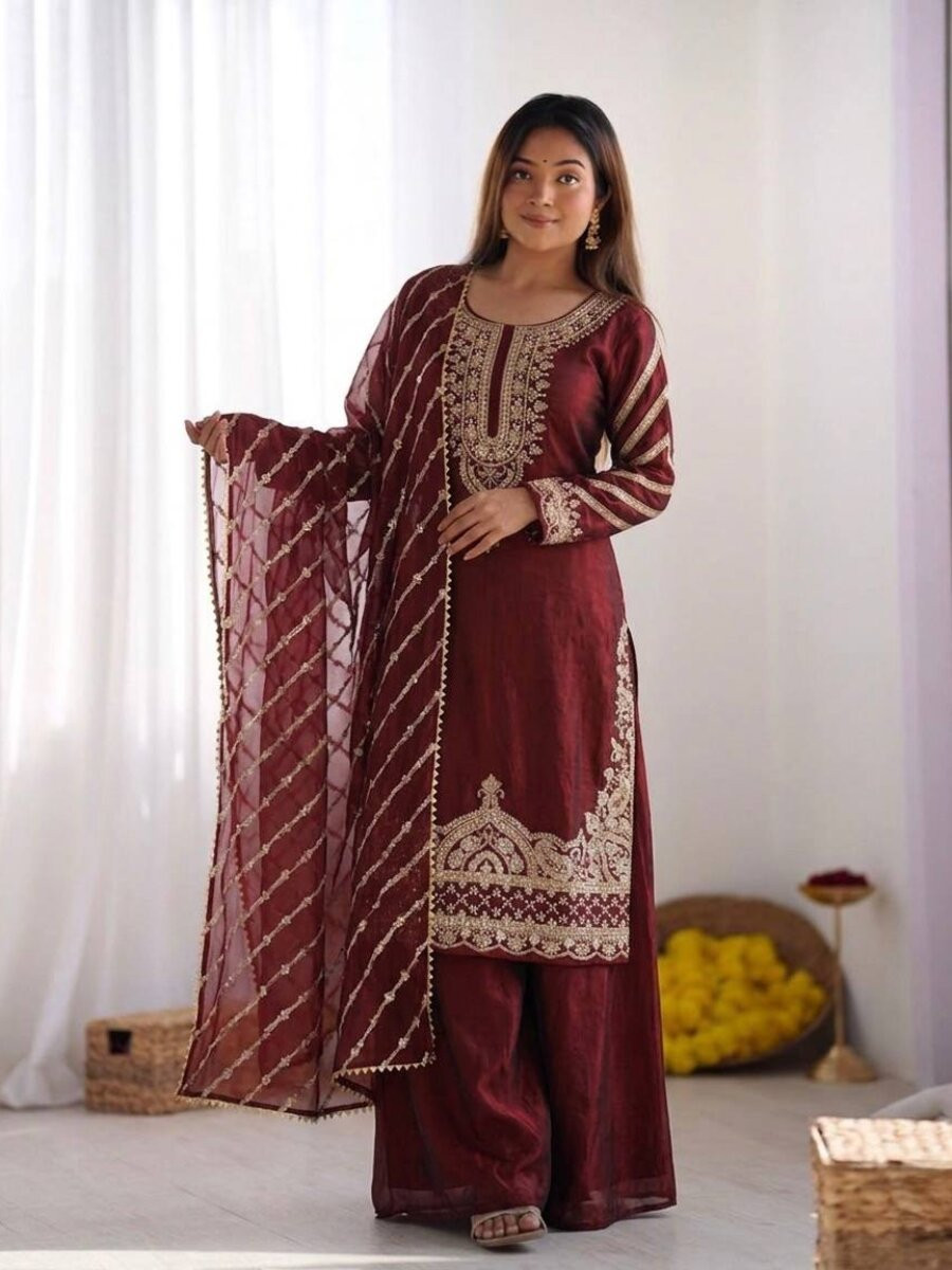 Maroon Pure Fendy Silk Embroidery Sequins Zari Wedding Party Festival Casual Ready Palazzo Pant Salwar Kameez