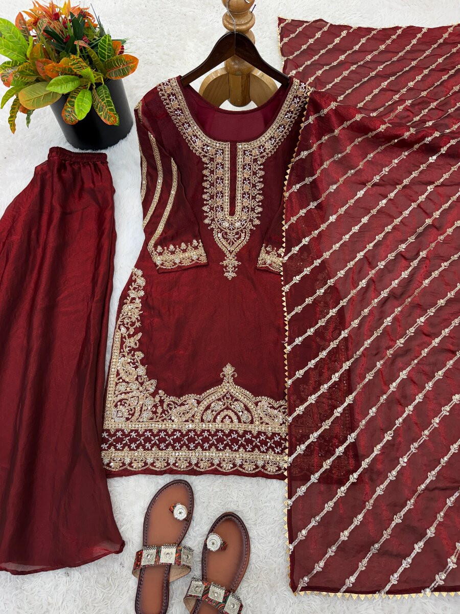 Maroon Pure Fendy Silk Embroidery Sequins Zari Wedding Party Festival Casual Ready Palazzo Pant Salwar Kameez
